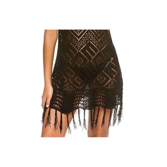 Tasseled, Hollowed Out Swimsuit Coverup In Black - Picture 4 of 4